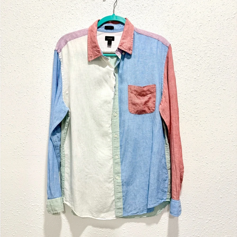 J. Crew Men’s Colorblock 100% Irish linen Button-Down‎ Shirt  L